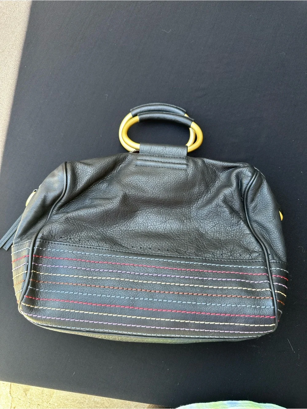 UGG Black Leather Satchel with Gold Ring Handles and Multicolor Stitching